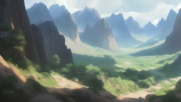 Green Nature Hill and Mountains Scenery During The Day Detailed Hand Drawn Painting Illustration