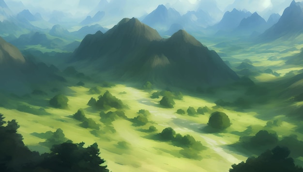Paesaggio verde della collina e delle montagne della natura durante il giorno illustrazione disegnata a mano dettagliata della pittura