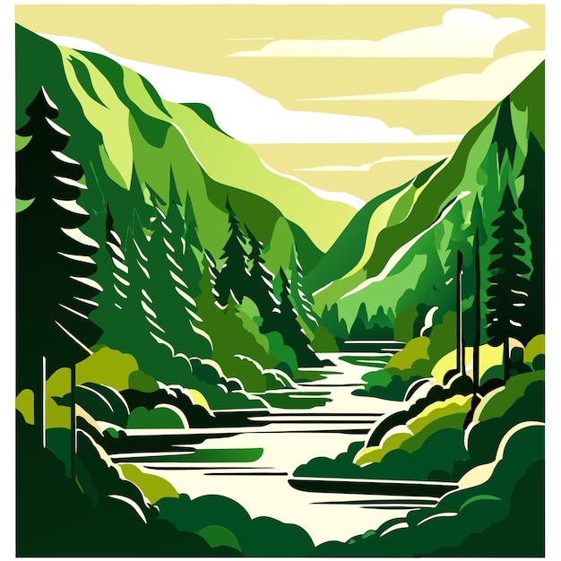 Vector a green nature with a river and trees vector illustration