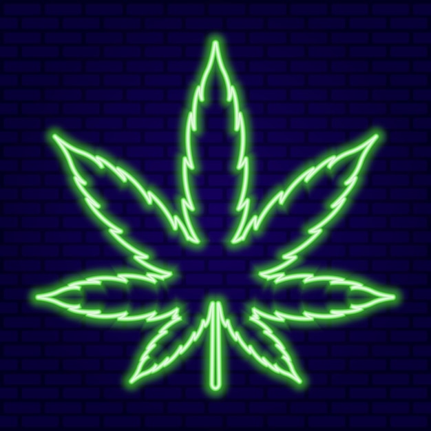 Green Neon Cannabis Leaf on Dark Blue Wall background vector illustration