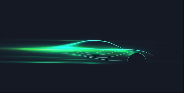 Vector green neon glowing in the dark electric car on high speed running concept fast ev silhouette vector illustration