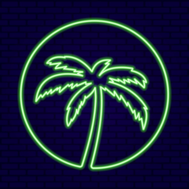 Green neon palm tree in circle on dark blue wall illustrazione vettoriale di sfondo