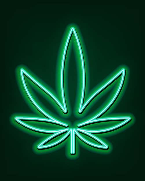 Vettore insegna al neon verde delle foglie di marijuana. logo cannabis