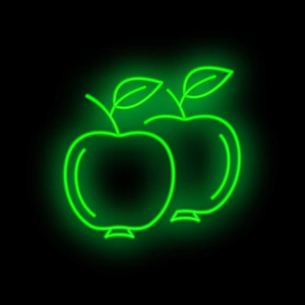 green neon sign showing two apples with leaves on black background
