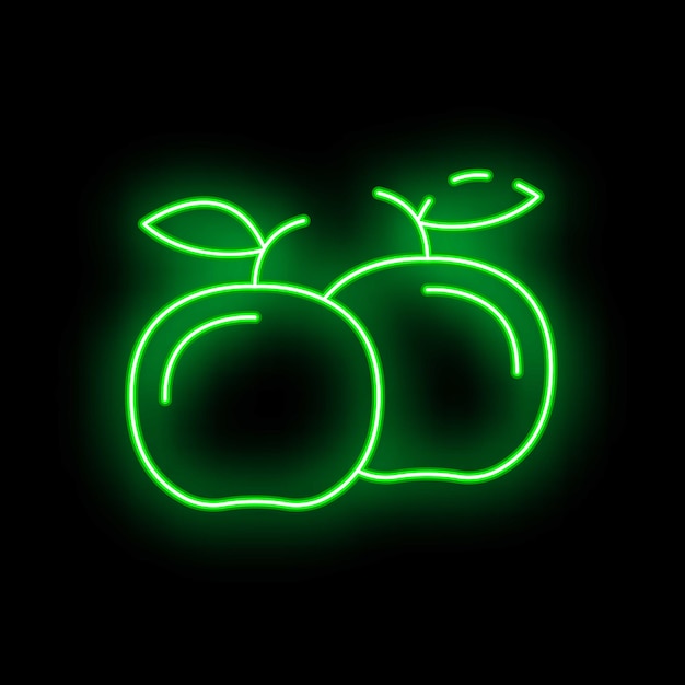 green neon sign of two apples with leaves glowing on black background