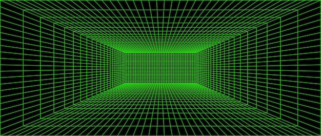 緑のネオン ワイヤフレーム グリッド 部屋 3D 背景 視点 フューチュリスティック デジタル アウトライン スペース
