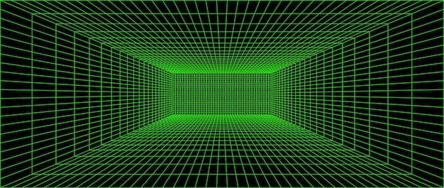 초록색 네온 와이어 프레임 그리드 방 3D 배경과 미래의 디지털 윤 공간