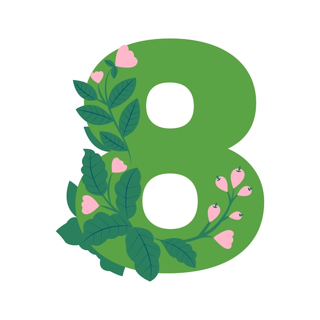 Green number 8 with leaves in a vector illustration for happy birthday