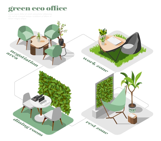 Вектор Зеленый офисный изометрический набор иконок с зоной переговоров, рабочей зоной, зоной отдыха и описанием столовой