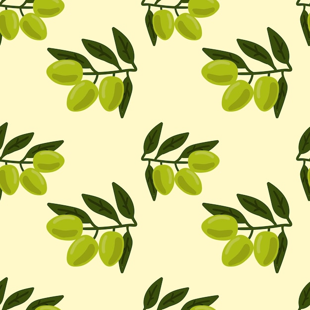 Green olive branch with berries and leaves seamless pattern. Vegetables background.