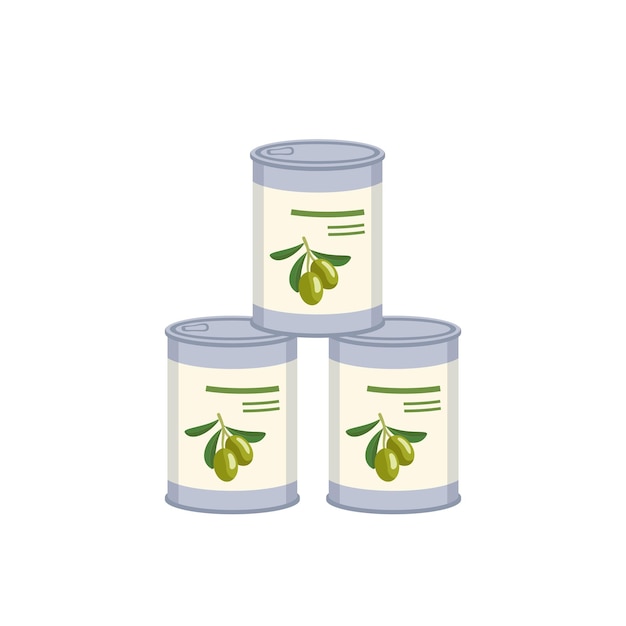 Vector green olives in closed tin ready made traditional greek food delicious appetizer vector flat illustration