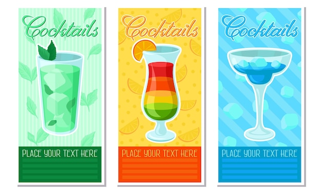 Vector green orange and blue cards with the image of cocktails and the inscription please your text here vector illustration