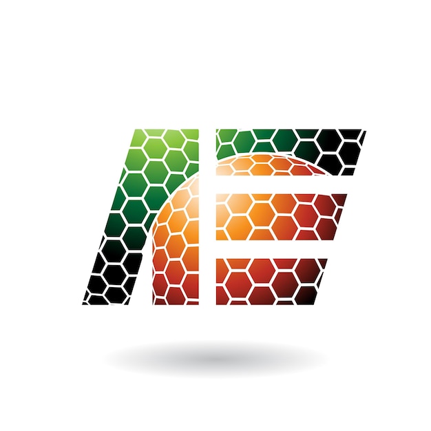 Зеленые и оранжевые двойные буквы A и E с векторной иллюстрацией сотового рисунка