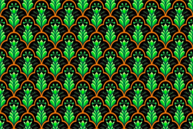 검은 기하학적 민족 동양 패턴에 녹색 오렌지 꽃 배경에 대 한 전통적인 디자인카펫벽지옷포장바틱패브릭 벡터 일러스트 레이 션 자 수 스타일