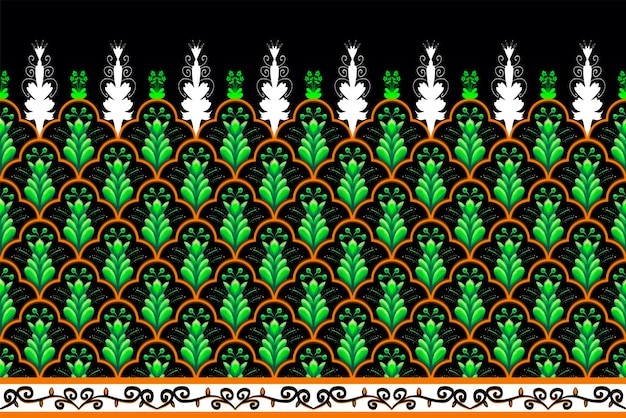 검은 기하학적 민족 동양 패턴에 녹색 오렌지 꽃 배경에 대 한 전통적인 디자인카펫벽지옷포장바틱패브릭 벡터 일러스트 레이 션 자 수 스타일