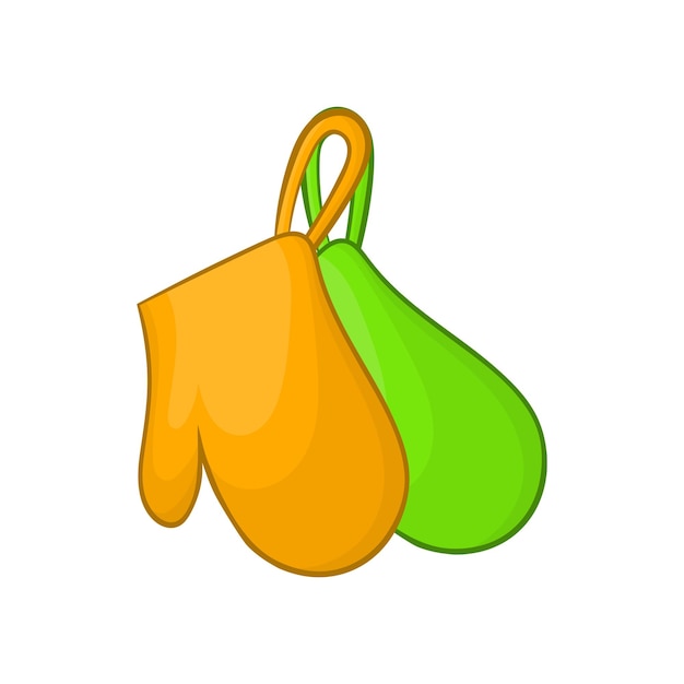 Green and orange kitchen gloves icon in cartoon style on a white background