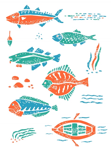ベクトル 素朴なリノの魚のグリーンオレンジセットカットスタイル