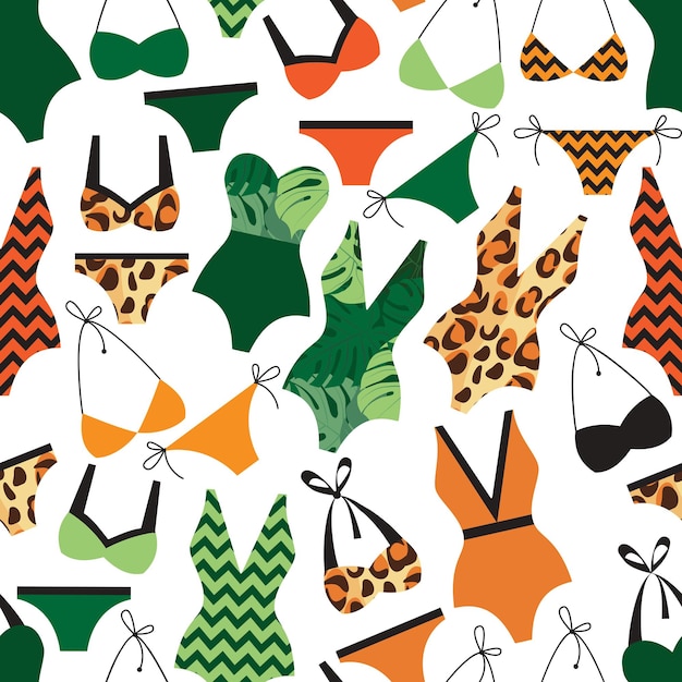 Green and orange swimsuits make up a seamless pattern