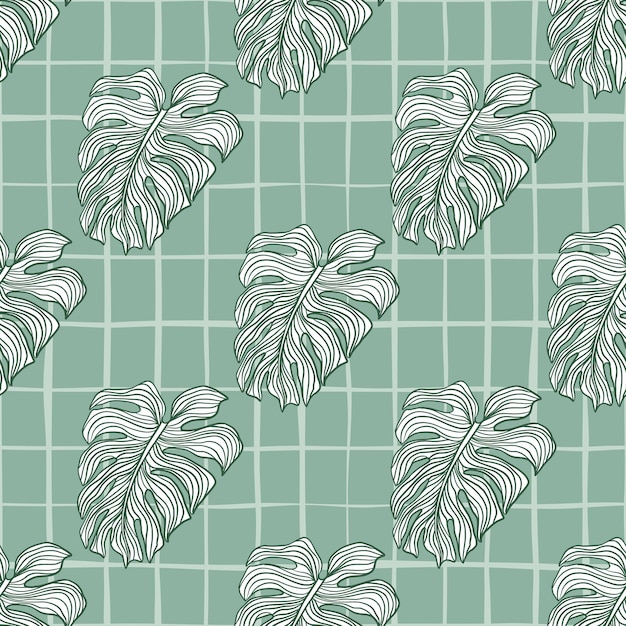 Green outline contoured seamless pattern with doodle monstera shapes print. Chequered background.