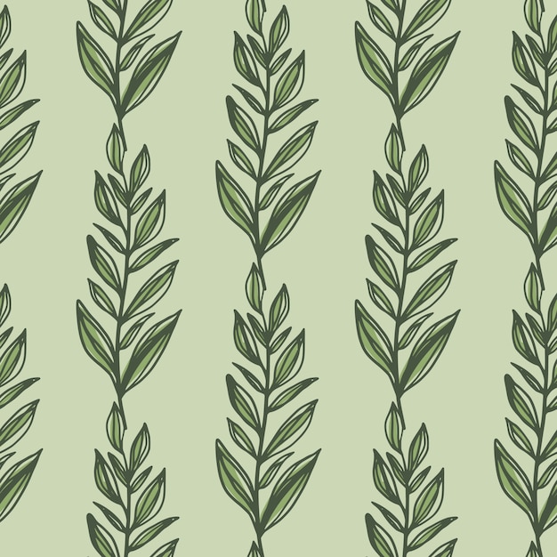 Green outline leaves branches seamless pattern. pastel light olive background. simple floral backdrop.