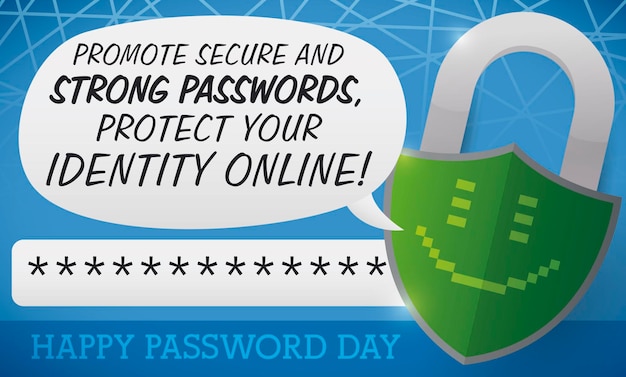 Green padlock with shield shape and pixel smile with speech balloon during password day in may