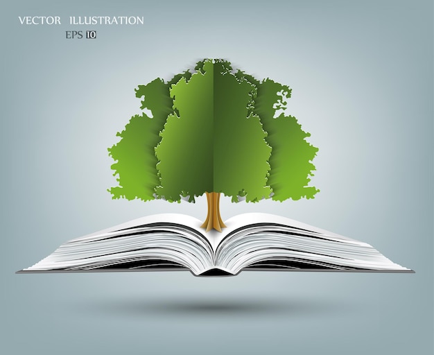 Green paper tree growing from an open book The concept of ecology to save the planet