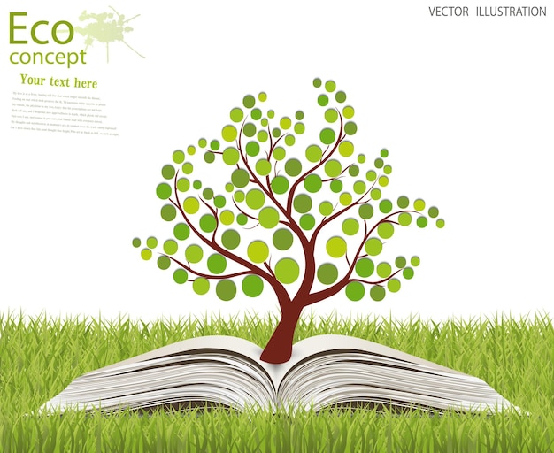 Green paper tree growing from an open book The concept of ecology to save the planet