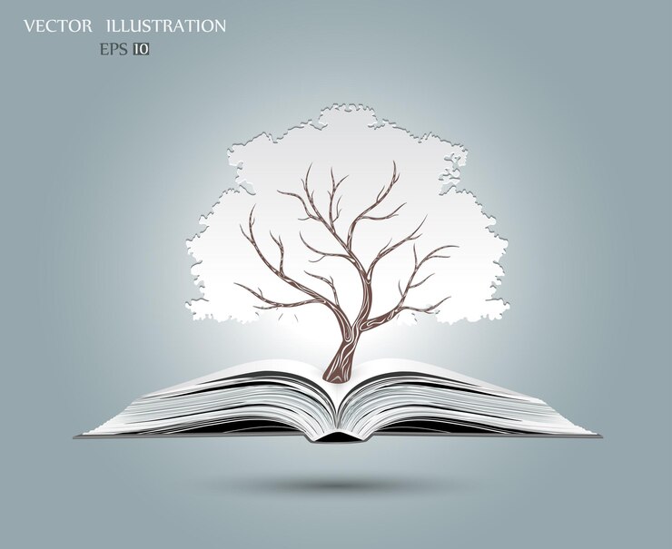 Vector green paper tree growing from an open book