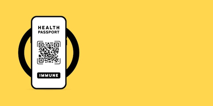 Vector green passport certificate on mobile phone with qr code and biometric passport for safe travel. electronic covid-19 immunity passport. the vaccinated person using qr code for safe travelling.