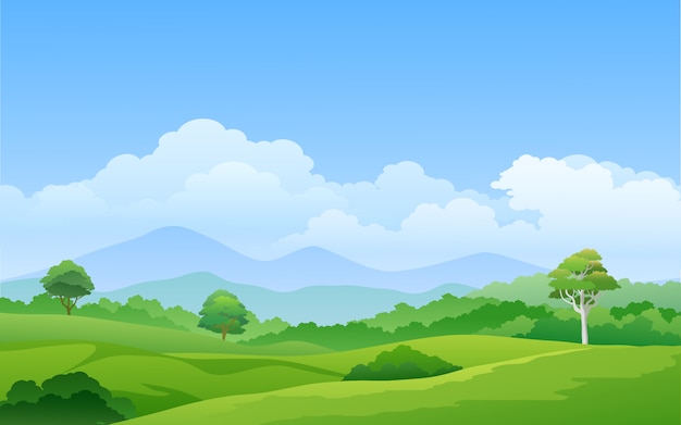 green pasture with mountain and trees