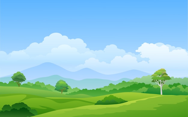 Vector green pasture with mountain and trees