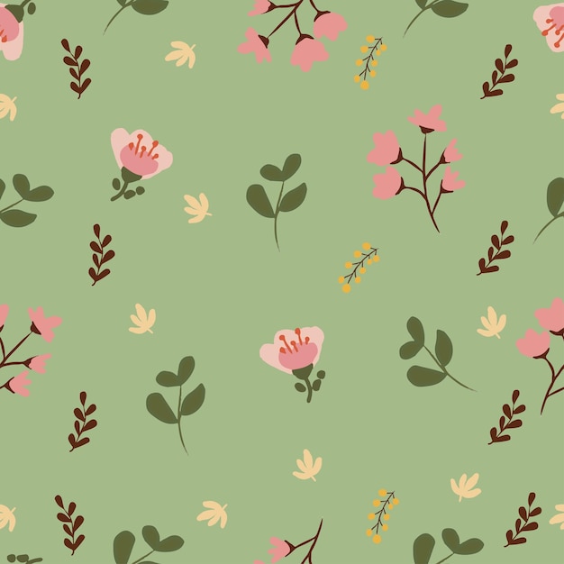 green pattern with pink flowers and green leaves