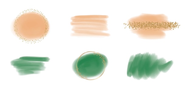 Green and peach watercolor hand drawing splashes with golden glitter frames