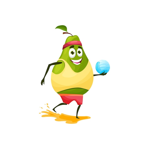 Зеленые грушевые летние фрукты на отдыхе изолировали мультяшного персонажа с мячом для пляжного волейбола в руках, спортивной тканью. забавная груша с листом в отпуске, экзотическая еда, смайлик, активное хобби, спорт