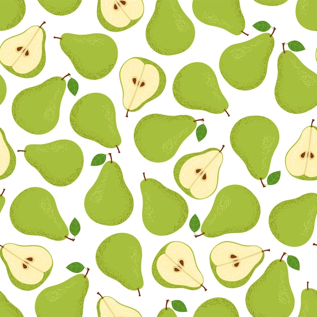 Green pears with leaves on a white background. Seamless pattern