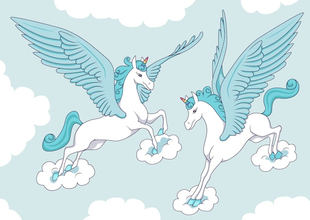 Vector green pegasus on clouds