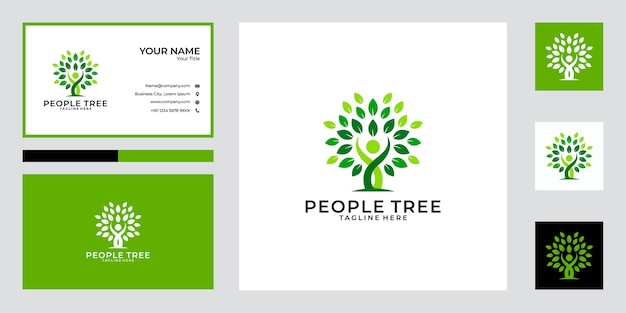 Green people tree logo design and business card