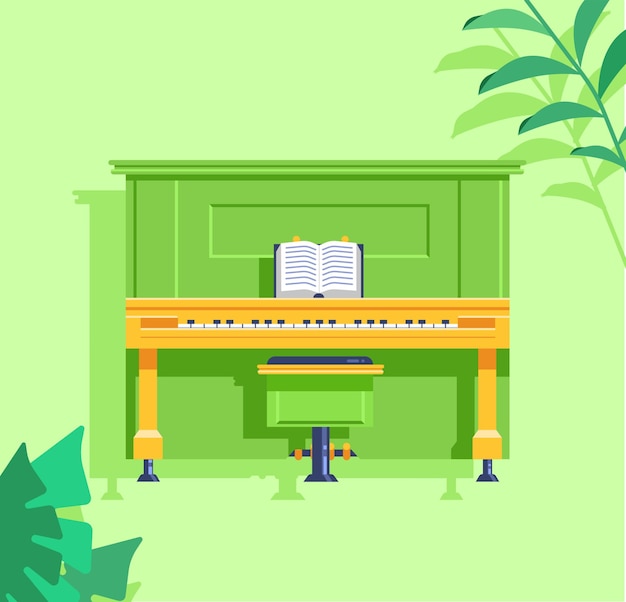 Vector a green piano with a stool and a book