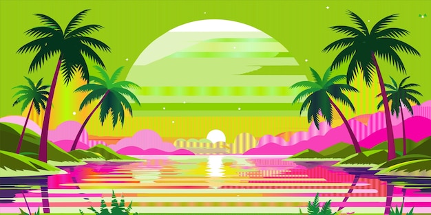 Vector a green and pink beach scene with palm trees and a beach scene