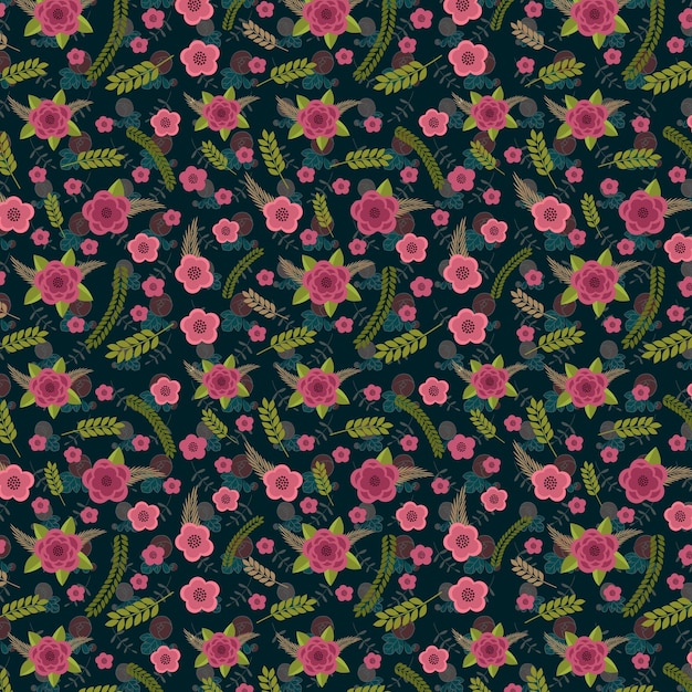 Vector a green and pink floral pattern with pink flowers and green leaves