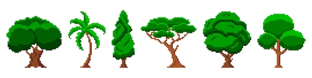 Green pixel trees in garden. bulky solid oak with tropical palm and tall pine. abstract savanna vector baobab