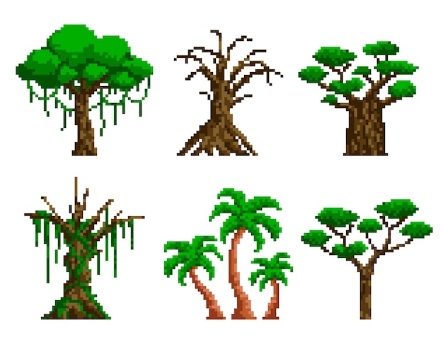 Vettore alberi pixel verdi una grande quercia con una palma tropicale e un alto pino savanna baobab