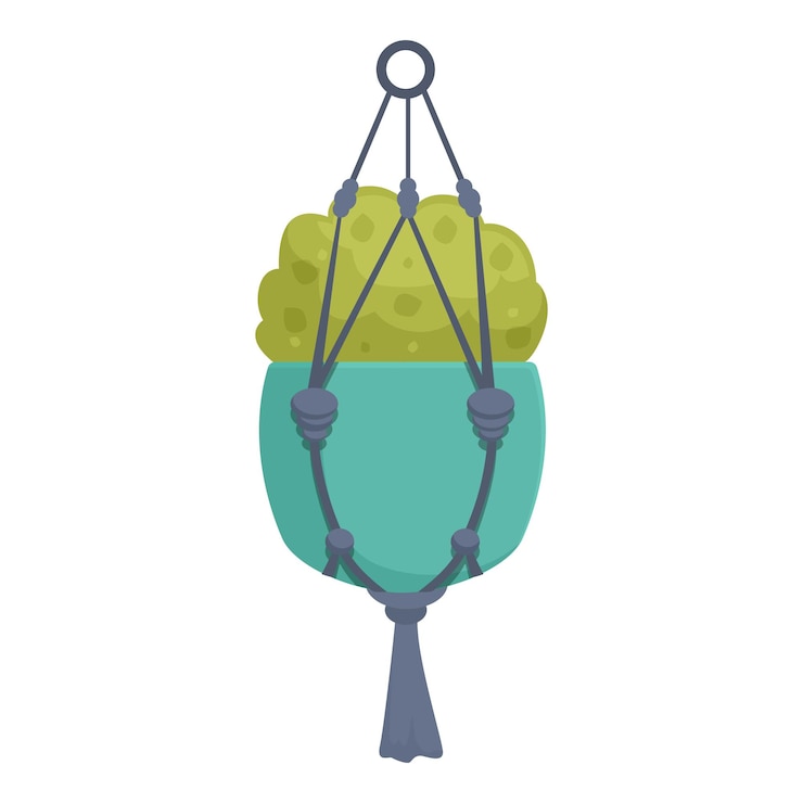 Vector green plant is growing in a pot hanging from the ceiling in a macrame plant hanger