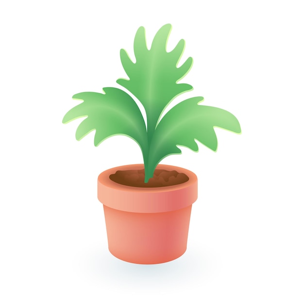 Vector green plant in red pot 3d icon. houseplant or potted plant, flower for home garden 3d vector illustration on white background. gardening, nature, decoration, botany concept