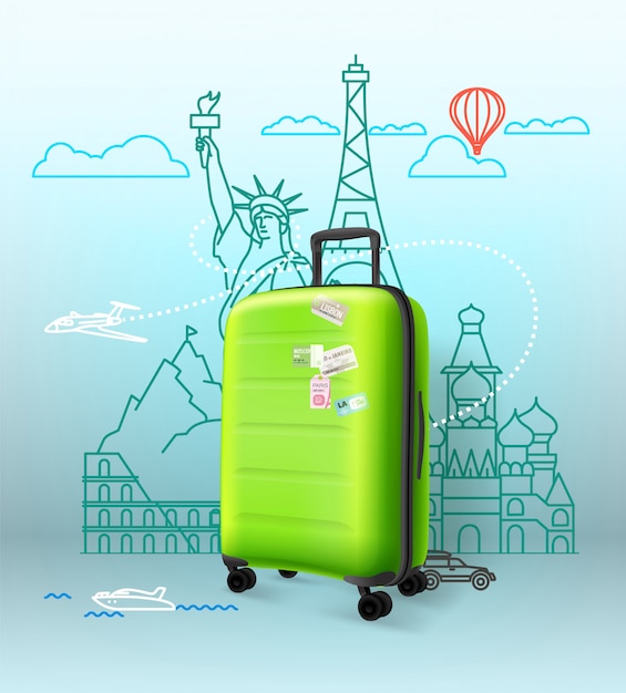 green plastic suitcase with famous sightseengs
