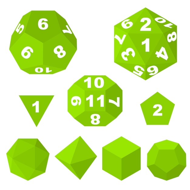 Vector green polyhedron dice with numbers and empty for casino gambling and board game vector illustration of polyhedral dices