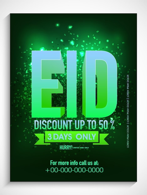 A green poster for eid discount up to 50 %