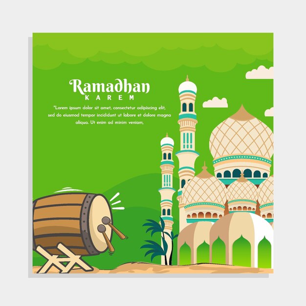 Vector a green poster with ramadan sitting in front of a mosque.