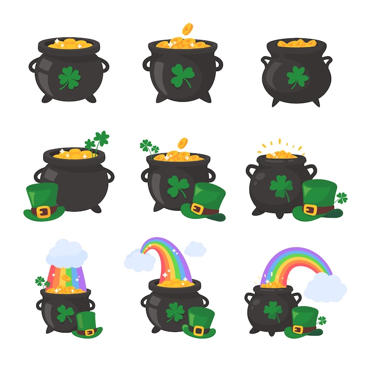 Vector the green pot is full of gold coins with good luck clover on st patrick festival