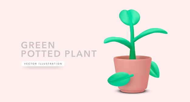 Green potted plant with falling leaf in realistic style isolated on light background vector illustration